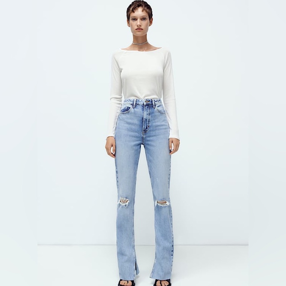 High-Waist Light Blue Distressed Straight Jeans